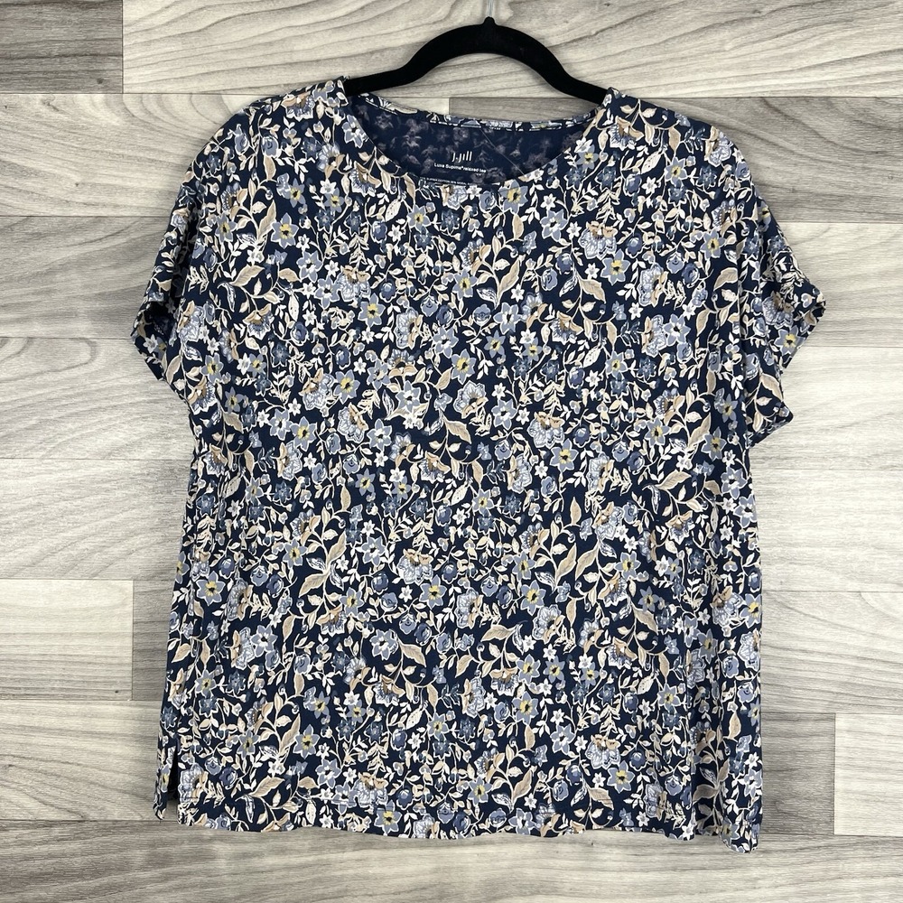 J. Jill Shirt Womens XS Blue Floral Luxe Supima Relaxed Tee Oversized Round Neck